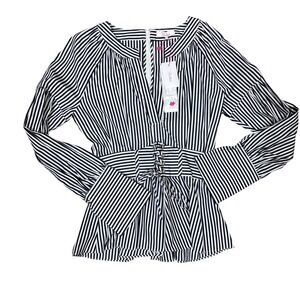 Parker Black White Stripe Peplum Corset Cotton Waist Blouse Women XS Long Sleeve